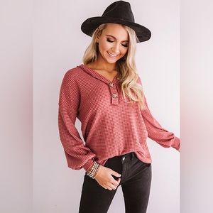 Hailey & Co Kiss Me Softly Waffle Knit Top in Aurora Red Medium